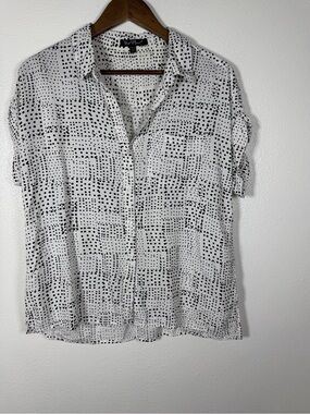 White Button-Front Blouse with Black Dot Grid